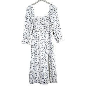 House of Harlow 1960 Linen Smocked Floral Midi Dress